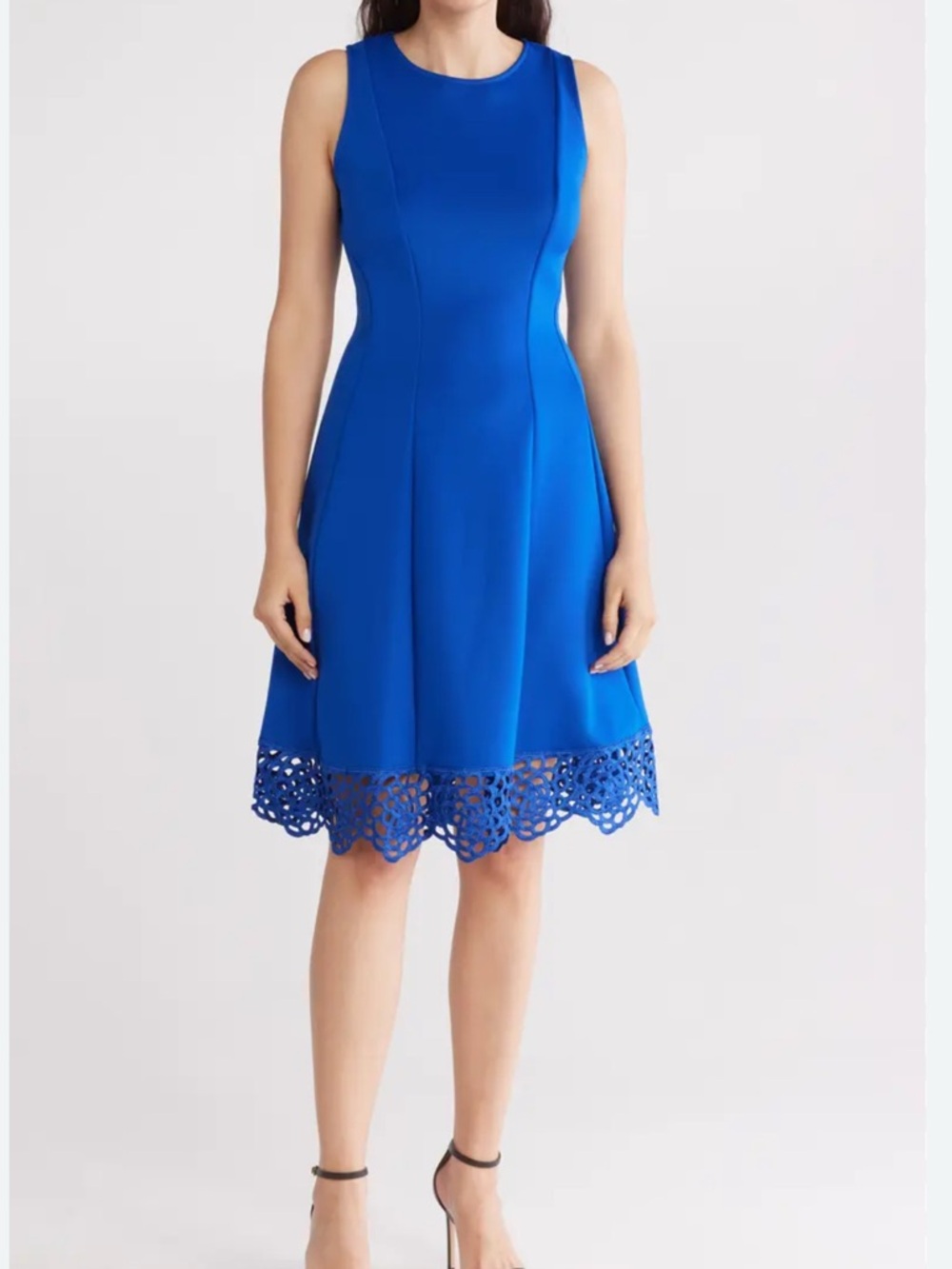 Donna Ricco Sleeveless Cobalt Blue Fit-and-Flare Dress with Laser-Cut Hem